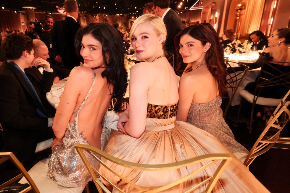 kylie jenner, elle fanning, monica barbaro during the 82nd annual golden globes held at the beverly hilton on january 05, 2025 in beverly hills, california photo by christopher polkgg2025penske media via getty images