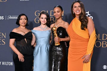 mexican actress adriana paz, us singer and actress selena gomez, us actress zoe saldana and spanish actress karla sofia gascon pose with the best motion picture musical or comedy award for emilia perez in the press room during the 82nd annual golden globe awards at the beverly hilton hotel in beverly hills, california, on january 5, 2025 photo by robyn beck afp photo by robyn beckafp via getty images