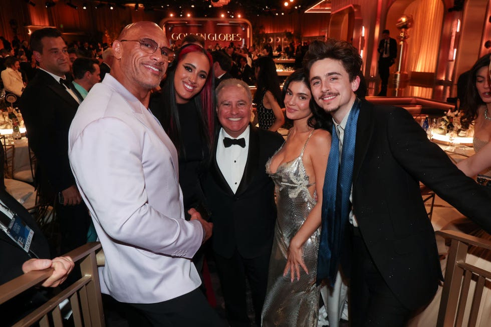 dwayne johnson, sydni paige russell, alan bergman, kylie jenner, timothée chalamet during the 82nd annual golden globes held at the beverly hilton on january 05, 2025 in beverly hills, california photo by christopher polkgg2025penske media via getty images