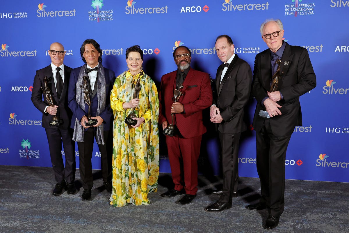 palm springs, california january 03: (l r) stanley tucci, carlos diehz, isabella rossellini, lucian msamati, ralph fiennes and john lithgow winners of the ensemble performance award attend the 36th annual palm springs international film festival film awards at palm springs convention center on january 03, 2025 in palm springs, california. (photo by kevin winter/getty images)