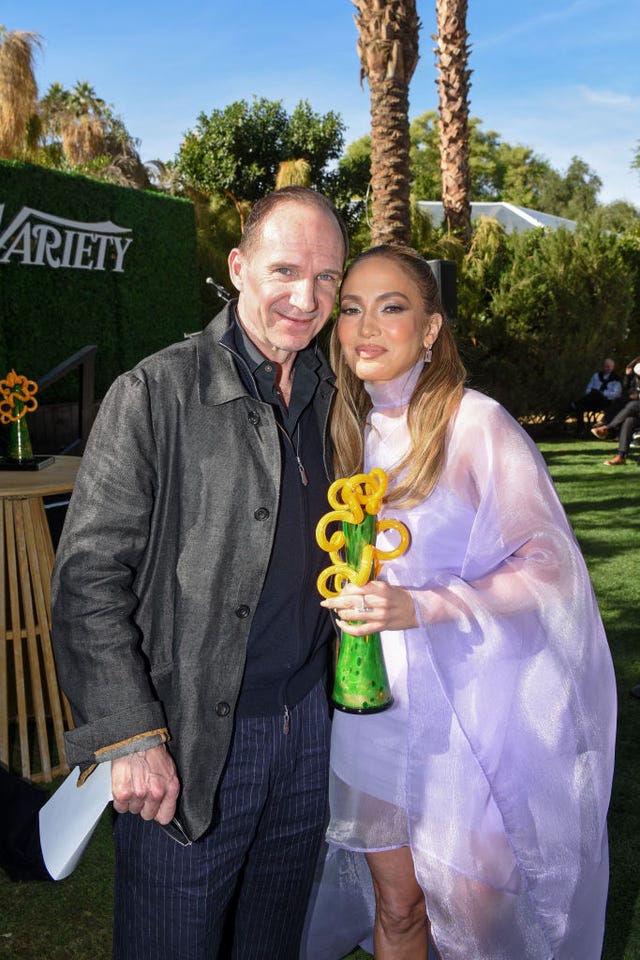 palm springs, california january 04 l r ralph fiennes and jennifer lopez attend varietys 10 directors to watch, palm springs international film festival 2025 at parker palm springs on january 04, 2025 in palm springs, california photo by vivien killileavariety via getty images