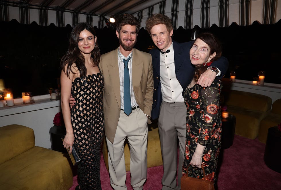 los angeles, california january 04 l r monica barbaro, andrew garfield, eddie redmayne and lynn hirschberg, w magazine editor at large, attend w magazines annual best performances party at chateau marmont on january 04, 2025 in los angeles, california photo by jerritt clarkgetty images for w magazine