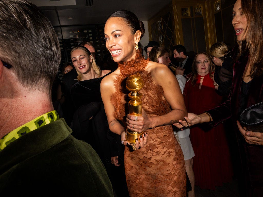 Zoe Saldaña Is Boho in Sheer Lace Dress at Golden Globes After-Party