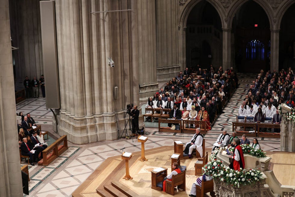 us president donald trump lower l looks on as rt rev mariann edgar budde lower r speaks during the national prayer service at the washington national cathedral in washington, dc, on january 21, 2025 photo by charly triballeau afp photo by charly triballeauafp via getty images