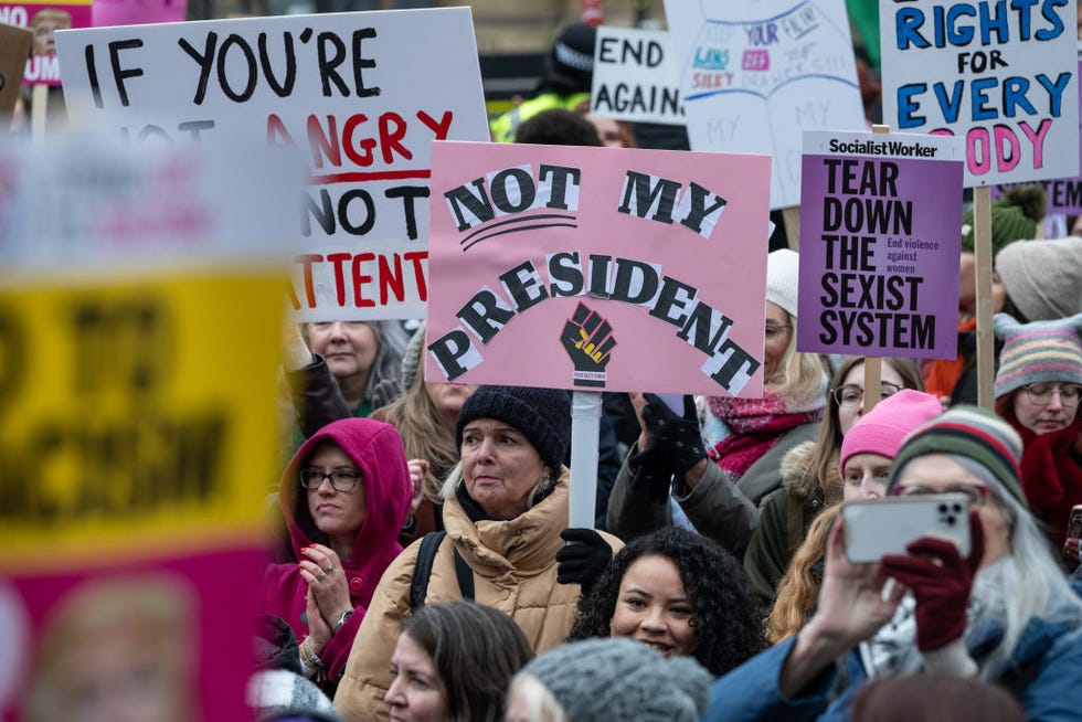 london, england january 18 the uk womens march ends with a rally at old palace yard on january 18, 2025 in london, england people are marching in cities across the uk, two days ahead of donald trumps inauguration for his second term as us president the womens march movement originated in washington, dc in 2017, following trumps first inauguration, when organizers mobilized the demonstration to stand up for womens rights and equality, and oppose trumps policies related events are set to take place across the us, canada, and france, with some billed as a peoples march, to include anyone concerned over trumps return to the white house photo by guy smallmangetty images