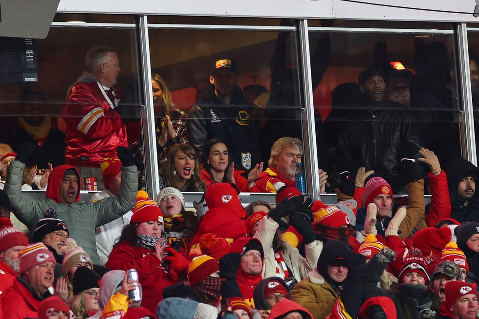 kansas city, missouri january 18 taylor swift left and caitlin clark celebrate during the second half of the afc divisional playoff game between the houston texans and the kansas city chiefs at geha field at arrowhead stadium on january 18, 2025 in kansas city, missouri photo by aaron m sprechergetty images