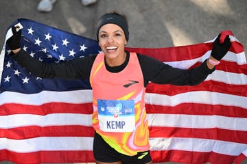 houston, texas january 19: erika kemp stands with an american flag after finishing second in the houston marathon with a time of 2:22:56 on january 19, 2025 in houston, texas. (photo by jack gorman/getty images)