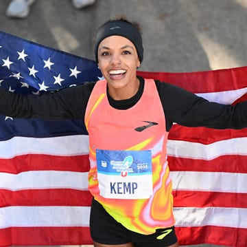 2025 Houston Marathon houston, texas january 19: erika kemp stands with an american flag after finishing second in the houston marathon with a time of 2:22:56 on january 19, 2025 in houston, texas. (photo by jack gorman/getty images)