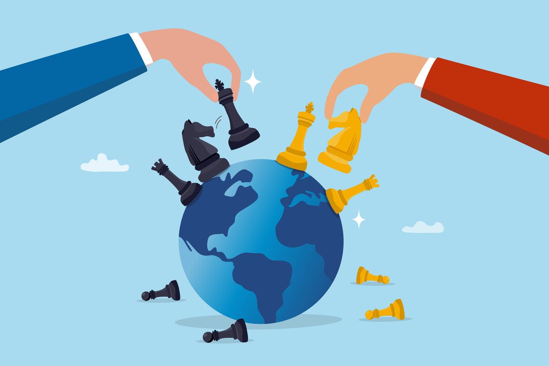 geopolitics world country trade alliance, diplomacy with superpower nations, relationship or negotiation for trade war, tariff or sanction concept, hand playing chess to win geopolitics trade war.