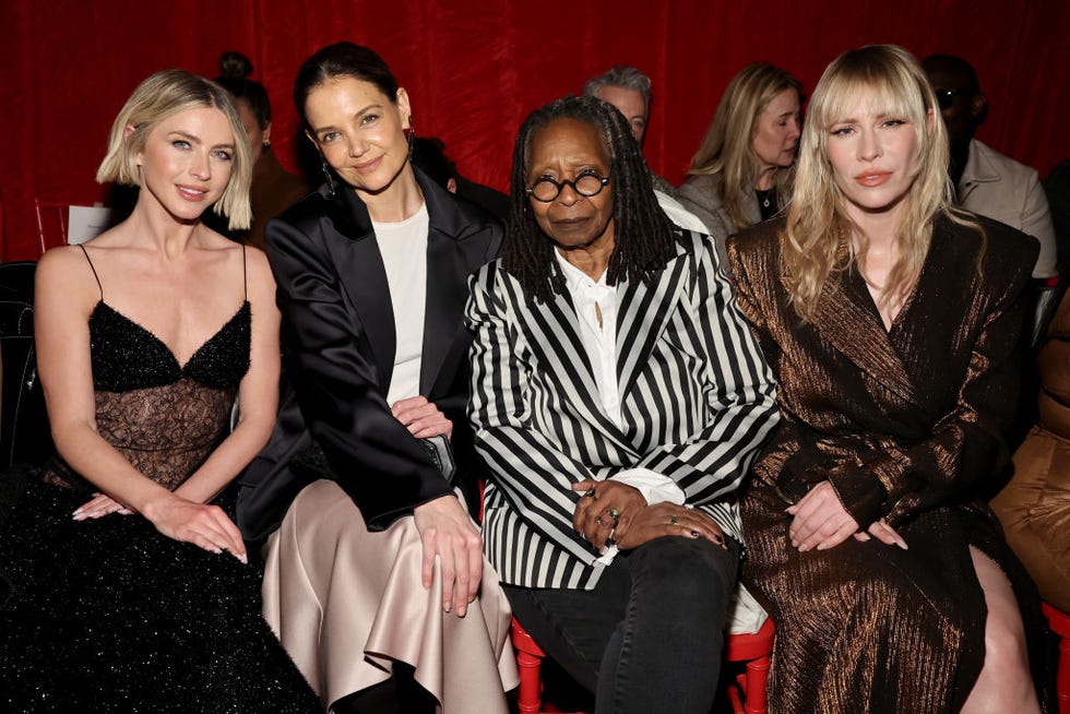 new york, new york february 06 l r julianne hough, katie holmes, whoopi goldberg, and natasha bedingfield attend the christian siriano fallwinter 2025 runway show at chelsea industrial on february 06, 2025 in new york city photo by jamie mccarthygetty images for christian siriano