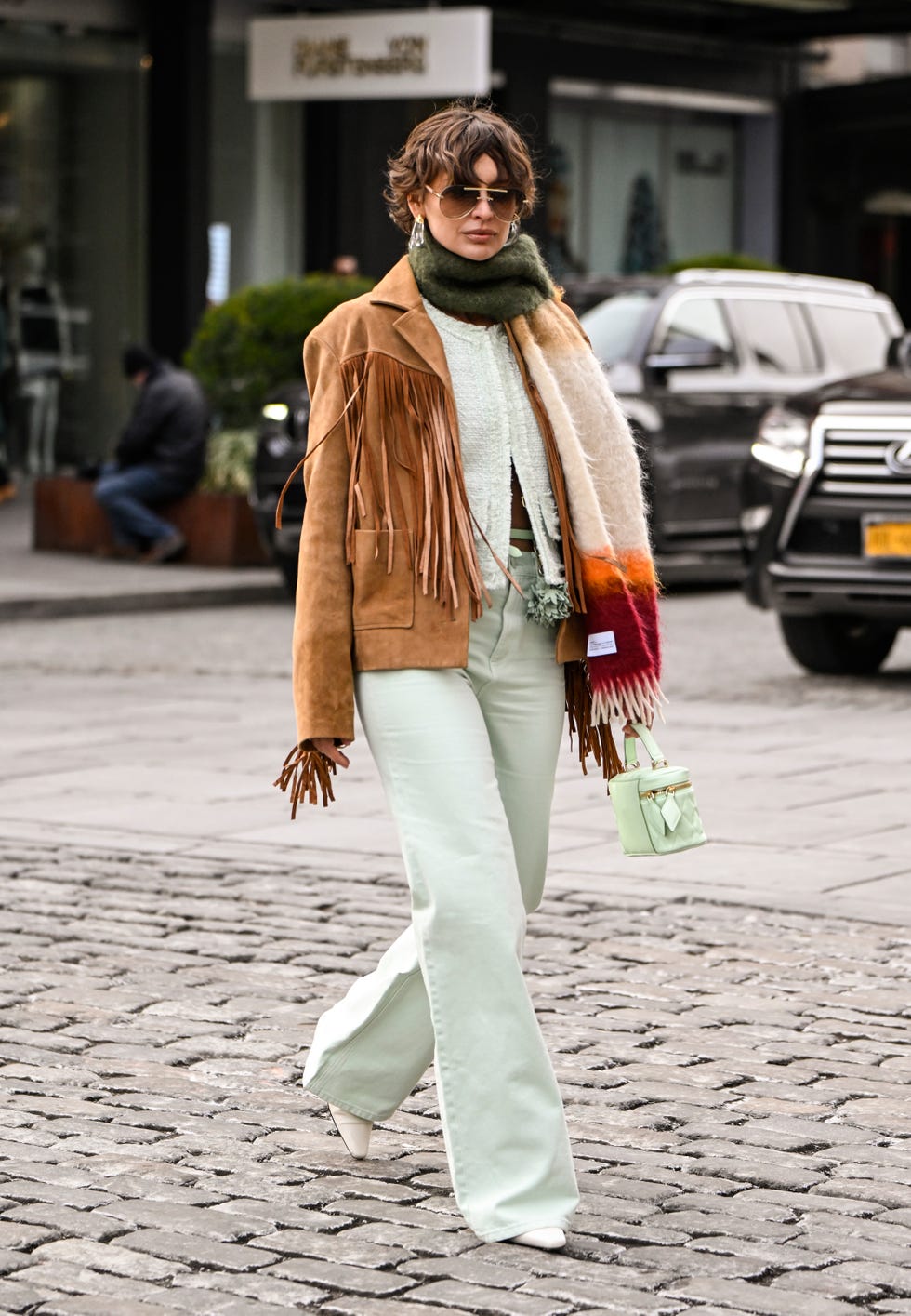 new york, new york february 08 irina kro eicke is seen wearing a pastel green jacket, pastel green pants, alice and olivia bag outside the alice and olivia presentation during nyfw fw 2025 on february 08, 2025 in new york city photo by daniel zuchnikgetty images