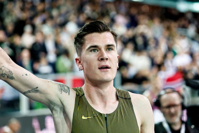 norway's jakob ingebrigtsen reacts after breaking the world record during the mile men at the athletics meeting "hauts de france pas de calais" as part of the world indoor tour gold, in lievin, northern france on february 13, 2025. (photo by denis charlet / afp) (photo by denis charlet/afp via getty images) 