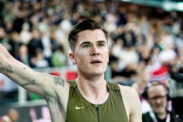 norway's jakob ingebrigtsen reacts after breaking the world record during the mile men at the athletics meeting "hauts de france pas de calais" as part of the world indoor tour gold, in lievin, northern france on february 13, 2025. (photo by denis charlet / afp) (photo by denis charlet/afp via getty images) 