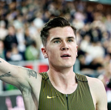 ATHLETICS-FRA-INDOOR norway's jakob ingebrigtsen reacts after breaking the world record during the mile men at the athletics meeting "hauts de france pas de calais" as part of the world indoor tour gold, in lievin, northern france on february 13, 2025. (photo by denis charlet / afp) (photo by denis charlet/afp via getty images)