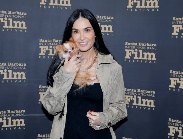 santa barbara, california february 12: demi moore and her dog pilaf attend the substance screening and qa durning the 40th santa barbara international film festival on february 09, 2025 in santa barbara, california. (photo by tibrina hobson/getty images for santa barbara international film festival)