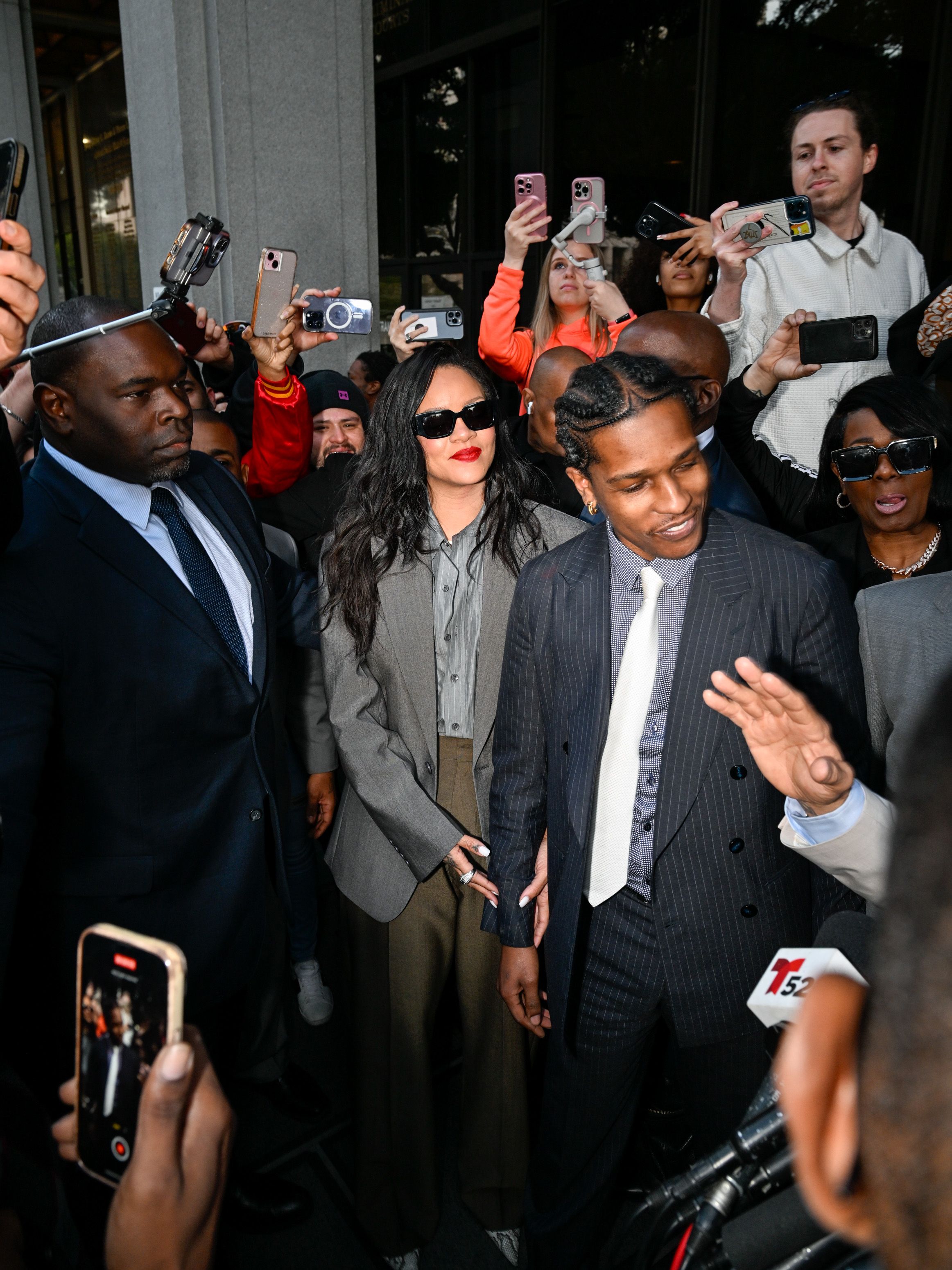 Rihanna and A$AP Rocky Go Bold in Coordinating Gray Suits and Pinstripes