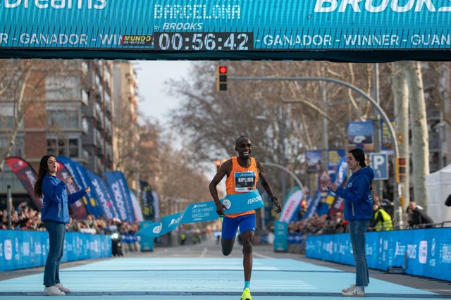 barcelona catalonia, spain february 16 race winner jacob kiplimo breaks the world record at the edreams mitja marato de barcelona, on 16 february, 2025 in barcelona, catalonia, spain this edition has broken a record number of registrations, with up to 30,000 runners signed up this race, along with the classic 42 kilometer marathon, has become one of the most important sporting events in the city photo by lorena sopenaeuropa press via getty images