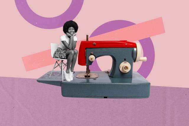 art 3d sketch photo image collage of happy american girl sit stool retro sewing machine profession dressmaker textile needlework.