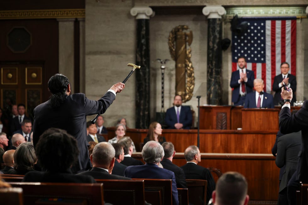 representative al green, a democrat from texas, shouts during a joint session of congress with us president donald trump in the house chamber of the us capitol in washington, dc, us, on tuesday, march 4, 2025. donald trumps primetime address tuesday night from capitol hill, billed as a chronicle of his renewal of the american dream, comes at a critical juncture early in his second term, as voters who elected him to tackle inflation and improve the economy are beginning to weigh the impact of his agenda. photographer: win mcnamee/getty images/bloomberg via getty images