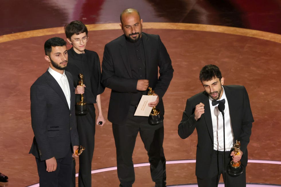 hollywood, california march 02: (l r) basel adra, rachel szor, hamdan ballal, and yuval abraham accept the documentary feature film award no other land onstage during the 97th annual oscars at dolby theatre on march 02, 2025 in hollywood, california. (photo by kevin winter/getty images)