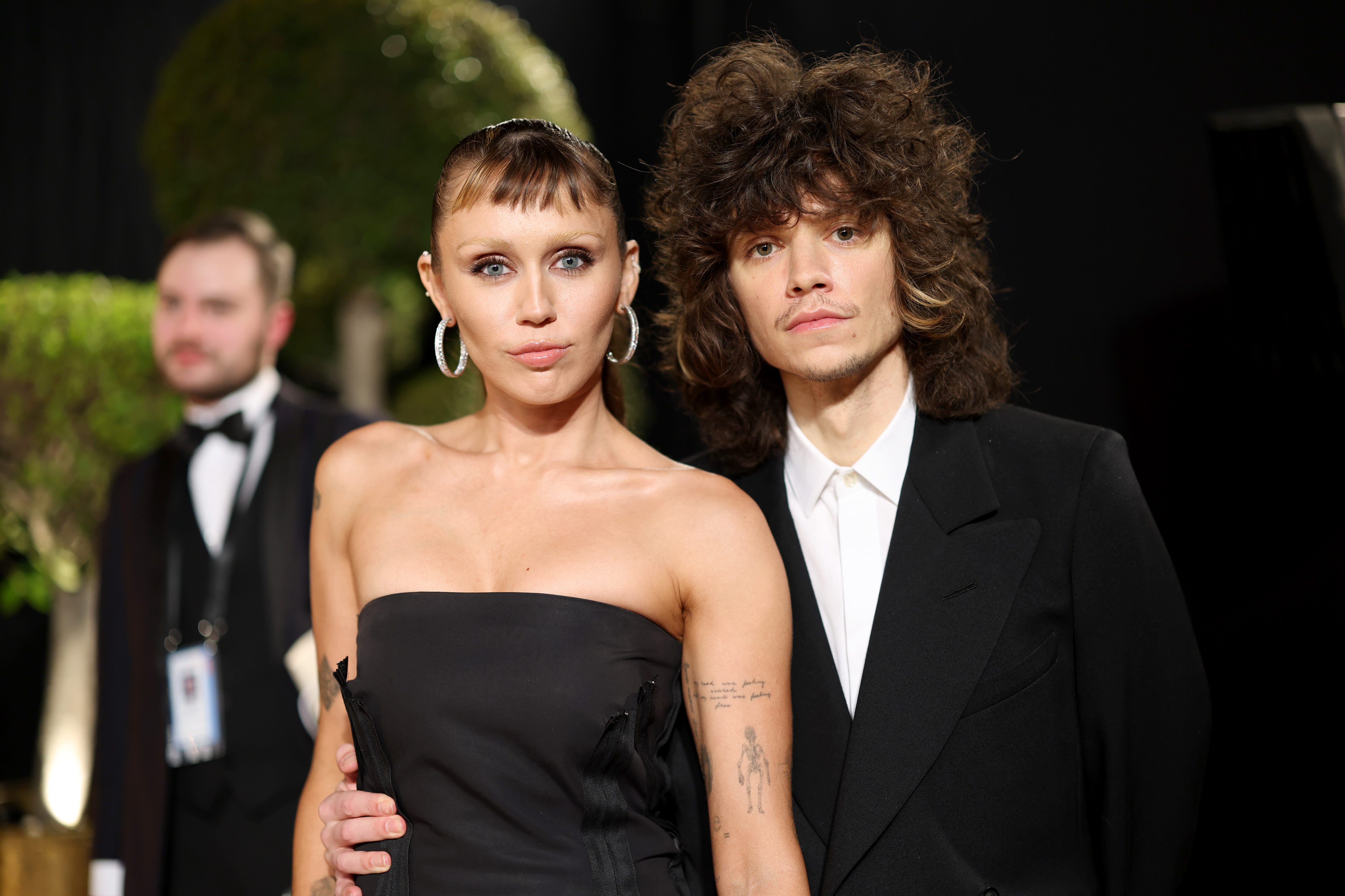 The couple matched in black looks.
