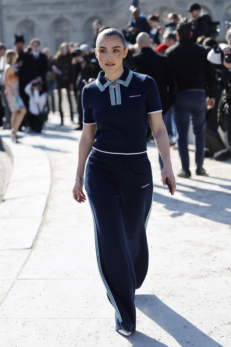 paris, france march 05: alexia eram wears casablanca blue short sleeves polo top with matching pants, outside casablanca, during the womenswear fall/winter 2025/2026 as part of paris fashion week on march 05, 2025 in paris, france. (photo by claudio lavenia/getty images)