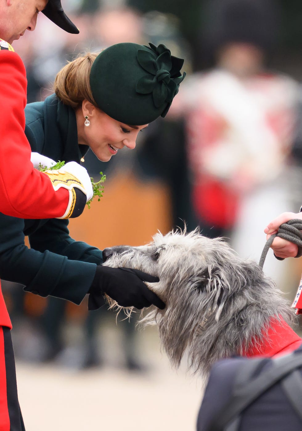 london, england march 17: catherine, princess of wales meets turlough mór, the irish wolf hound regimental mascot during the 2025 irish guards st. patricks day parade at wellington barracks on march 17, 2025 in london, england. (photo by karwai tang/wireimage)