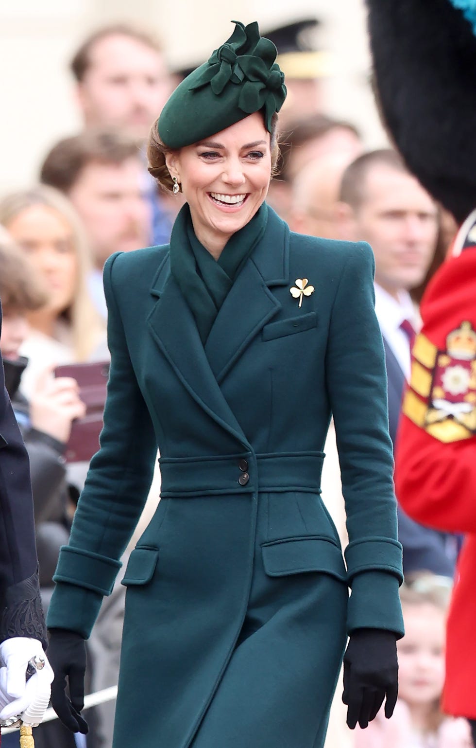 london, england march 17: catherine, princess of wales smiles during the 2025 irish guards st. patricks day parade at wellington barracks on march 17, 2025 in london, england. catherine, princess of wales attends the parade as colonel of the regiment. (photo by chris jackson/getty images)