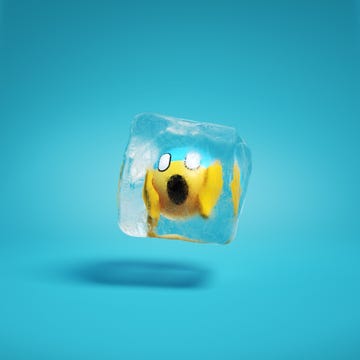 the scream face with open mouth emoticon frozen in ice lump. panic emoticon frozen in ice block background mockup concept 3d render illustration.