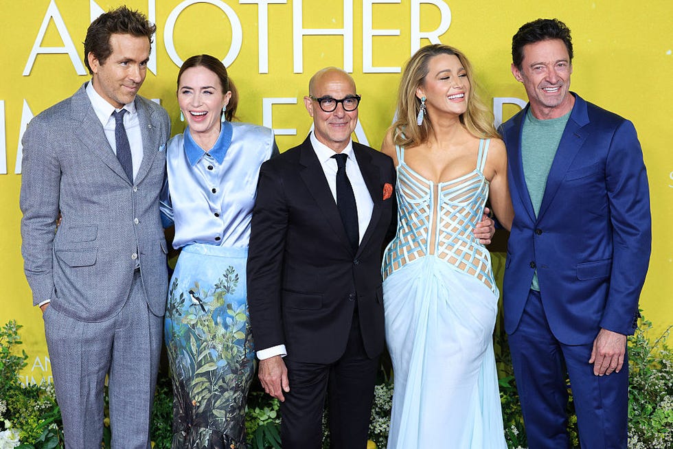 (l/r) canadian us actor ryan reynolds, us british actress emily blunt, us actor stanley tucci, us actress blake lively and australian actor hugh jackman attend the new york special screening of another simple favor at the jazz at lincoln center in new york on april 27, 2025. (photo by charly triballeau / afp) (photo by charly triballeau/afp via getty images)