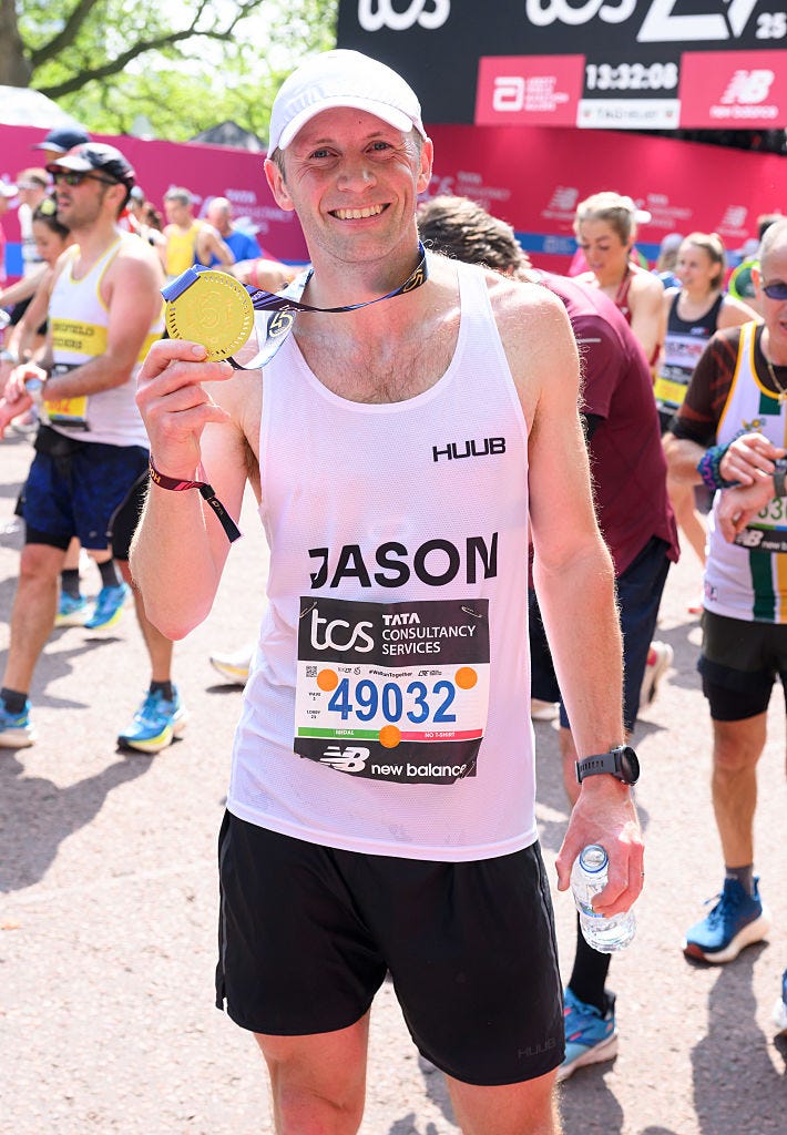 london, england april 27: jason kenny poses with his medal after completing the tcs london marathon 2025 on april 27, 2025 in london, england. the london marathon was founded by athletes chris brasher and john disley in 1981 and runs over a flat course set around the river thames, starting in blackheath and finishing at the mall. (photo by karwai tang/wireimage)