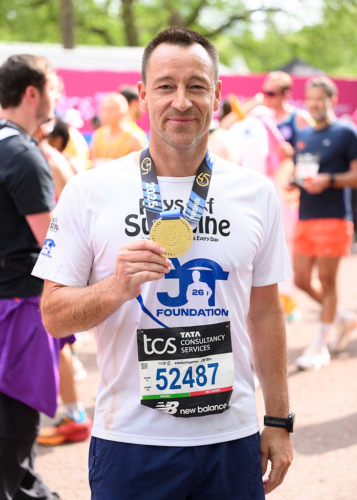 london, england april 27: john terry poses with his medal after completing the tcs london marathon 2025 on april 27, 2025 in london, england. the london marathon was founded by athletes chris brasher and john disley in 1981 and runs over a flat course set around the river thames, starting in blackheath and finishing at the mall. (photo by karwai tang/wireimage)