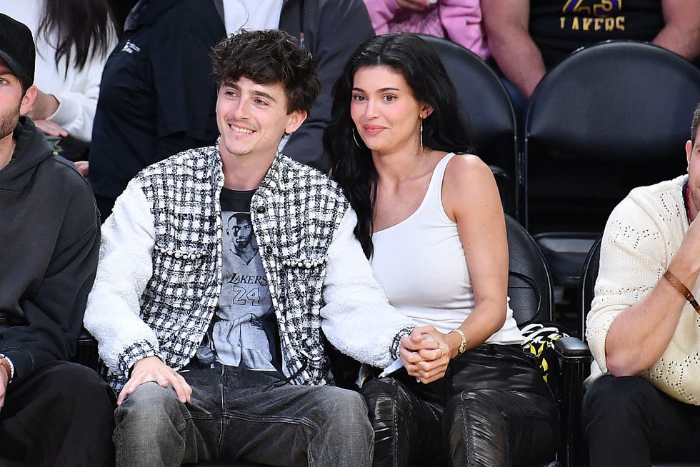 los angeles, california april 30: timothee chalamet and kylie jenner attend a basketball game between the los angeles lakers and the minnesota timberwolves at crypto.com arena on april 30, 2025 in los angeles, california. note to user: user expressly acknowledges and agrees that, by downloading and or using this photograph, user is consenting to the terms and conditions of the getty images license agreement. (photo by allen berezovsky/getty images)