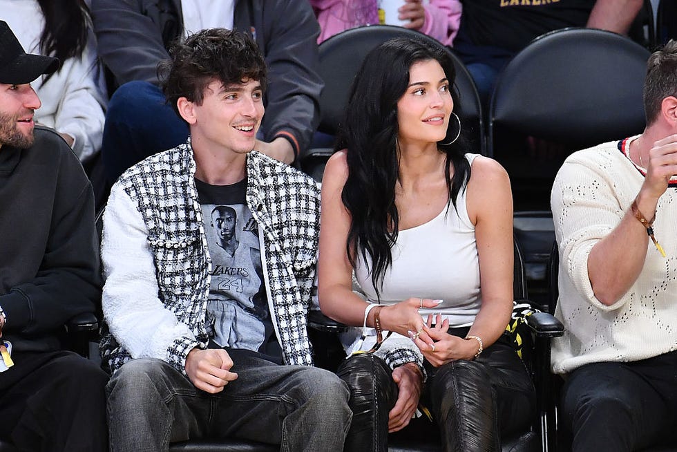los angeles, california april 30: timothee chalamet and kylie jenner attend a basketball game between the los angeles lakers and the minnesota timberwolves at crypto.com arena on april 30, 2025 in los angeles, california. note to user: user expressly acknowledges and agrees that, by downloading and or using this photograph, user is consenting to the terms and conditions of the getty images license agreement. (photo by allen berezovsky/getty images)