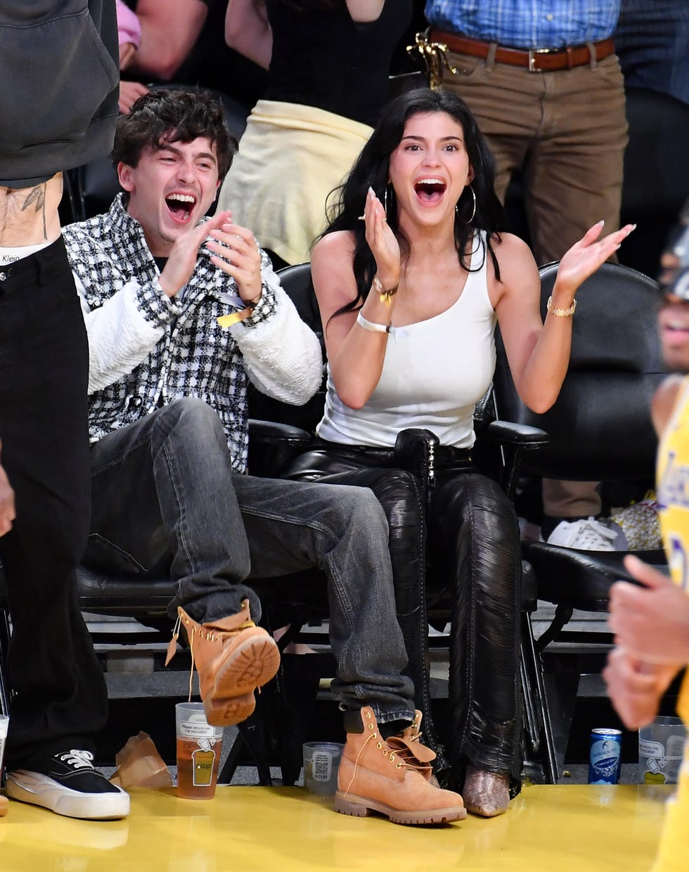 los angeles, california april 30: timothee chalamet and kylie jenner attend a basketball game between the los angeles lakers and the minnesota timberwolves at crypto.com arena on april 30, 2025 in los angeles, california. note to user: user expressly acknowledges and agrees that, by downloading and or using this photograph, user is consenting to the terms and conditions of the getty images license agreement. (photo by allen berezovsky/getty images)