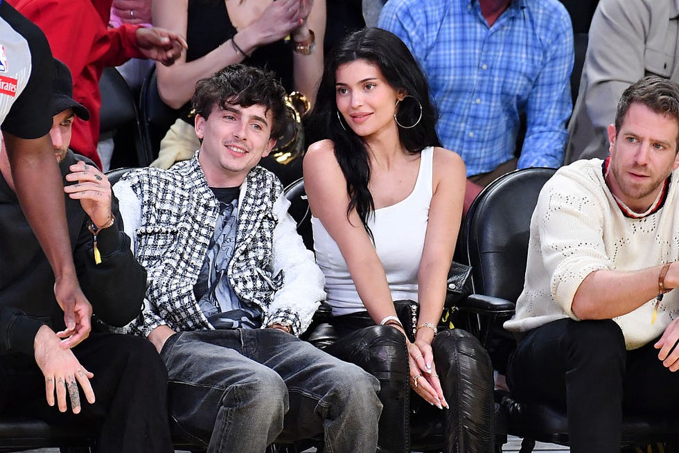 los angeles, california april 30: timothee chalamet and kylie jenner attend a basketball game between the los angeles lakers and the minnesota timberwolves at crypto.com arena on april 30, 2025 in los angeles, california. note to user: user expressly acknowledges and agrees that, by downloading and or using this photograph, user is consenting to the terms and conditions of the getty images license agreement. (photo by allen berezovsky/getty images)