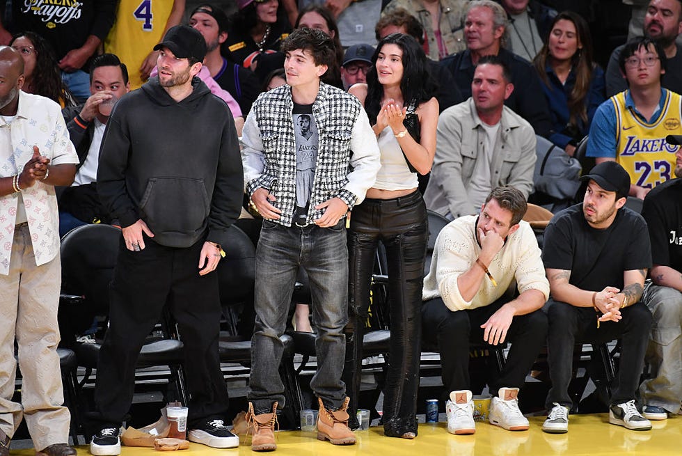 los angeles, california april 30: timothee chalamet and kylie jenner attend a basketball game between the los angeles lakers and the minnesota timberwolves at crypto.com arena on april 30, 2025 in los angeles, california. note to user: user expressly acknowledges and agrees that, by downloading and or using this photograph, user is consenting to the terms and conditions of the getty images license agreement. (photo by allen berezovsky/getty images)