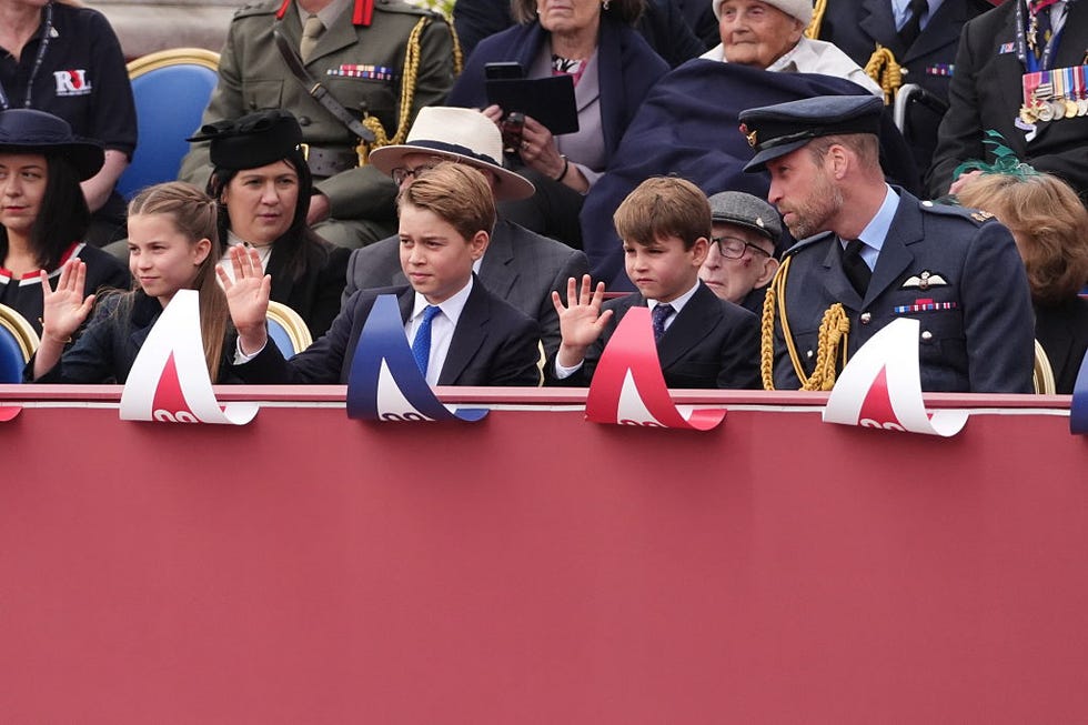 (left right) princess charlotte, prince george, prince louis and the prince of wales watching the military procession for the 80th anniversary of ve day, at buckingham palace in central london. picture date: monday may 5, 2025. (photo by jonathan brady/pa images via getty images)