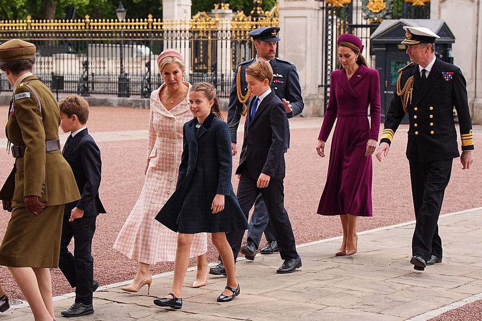 london, england may 5: (from front) princess anne, princess royal, prince louis, sophie, duchess of edinburgh, princess charlotte, prince george, prince william, prince of wales, catherine, princess of wales and vice admiral sir tim laurence return to buckingham palace following the military procession for the 80th anniversary of ve day, in honour of those who served during the second world war, at buckingham palace on may 5, 2025 in london, england. around 1300 members of the armed forces, including the royal navy, the royal marines, the british army and the royal air force, along with commonwealth nations, ukraine, and nato allies are taking part in the military procession for victory in europe day, which is celebrated each year on may 8, marking the day the allies formally accepted germanys surrender in 1945. (photo by aaron chown wpa pool/getty images)