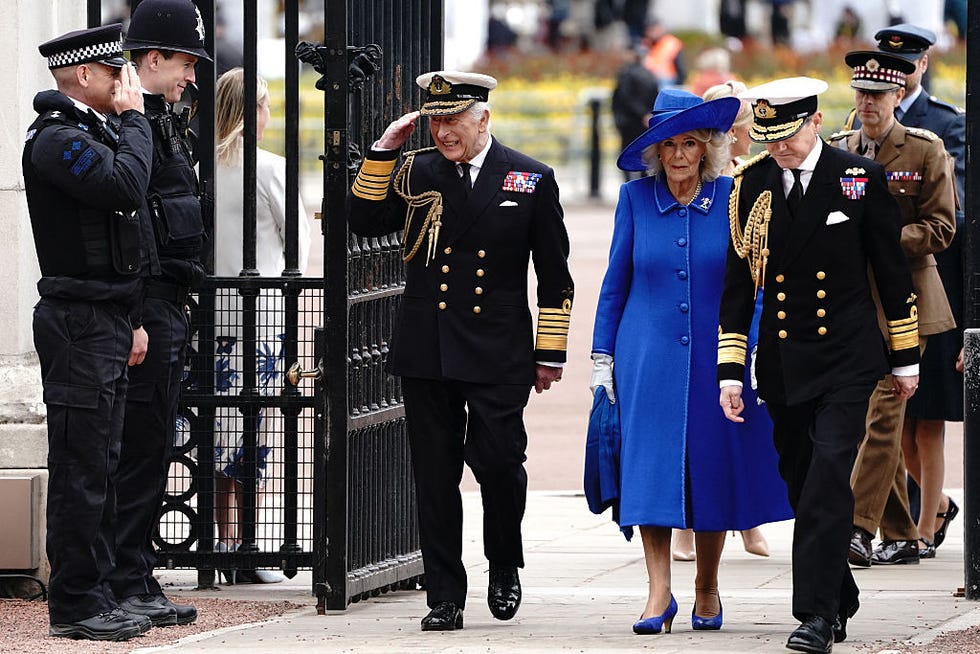 britains king charles iii and britains queen camilla return to buckingham palace after a military procession celebrating the 80th anniversary of ve day also known as victory in europe day, marking the end of the second world war in europe, in central london on may 5, 2025. (photo by aaron chown / pool / afp) (photo by aaron chown/pool/afp via getty images)