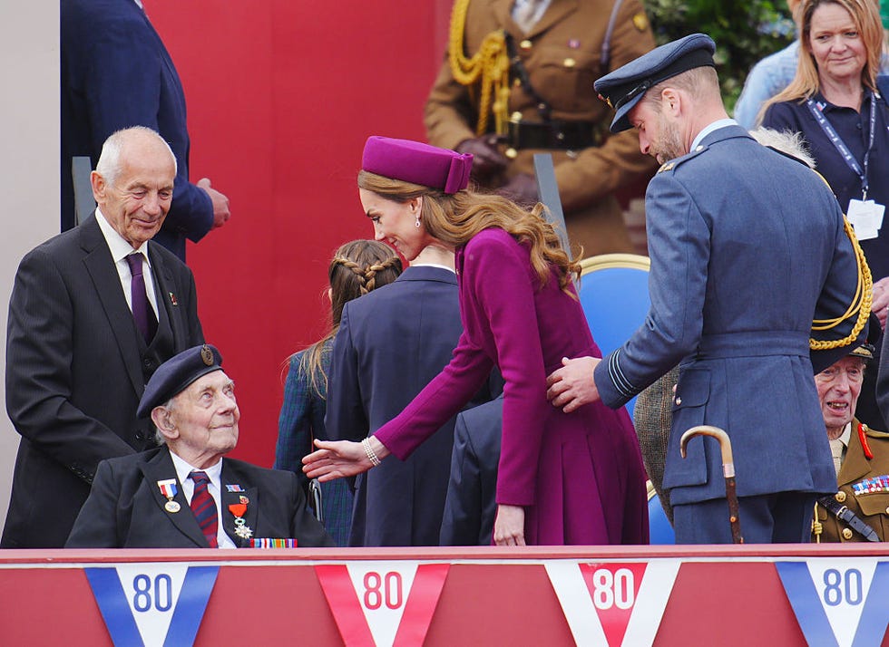 london, england may 5: catherine, princess of wales and william, prince of wales speak with veteran bernard mogan as they leave following the military procession for the 80th anniversary of ve day, in honour of those who served during the second world war, at buckingham palace on may 5, 2025 in london, england. around 1300 members of the armed forces, including the royal navy, the royal marines, the british army and the royal air force, along with commonwealth nations, ukraine, and nato allies are taking part in the military procession for victory in europe day, which is celebrated each year on may 8, marking the day the allies formally accepted germanys surrender in 1945. (photo by ben birchall wpa pool/getty images)