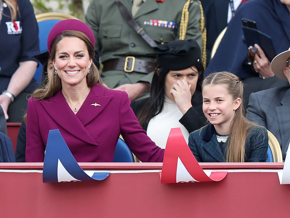 london, england may 05: catherine, princess of wales and princess charlotte of wales during the military procession to mark the 80th anniversary of ve day on may 05, 2025 in london, england. the king and queen, joined by members of the royal family, will take part in events from may 5th to may 8th to commemorate the 80th anniversary of ve day, which signalled the end of the second world war in europe. (photo by chris jackson/getty images)