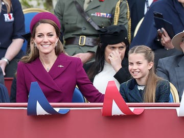 london, england may 05: catherine, princess of wales and princess charlotte of wales during the military procession to mark the 80th anniversary of ve day on may 05, 2025 in london, england. the king and queen, joined by members of the royal family, will take part in events from may 5th to may 8th to commemorate the 80th anniversary of ve day, which signalled the end of the second world war in europe. (photo by chris jackson/getty images)