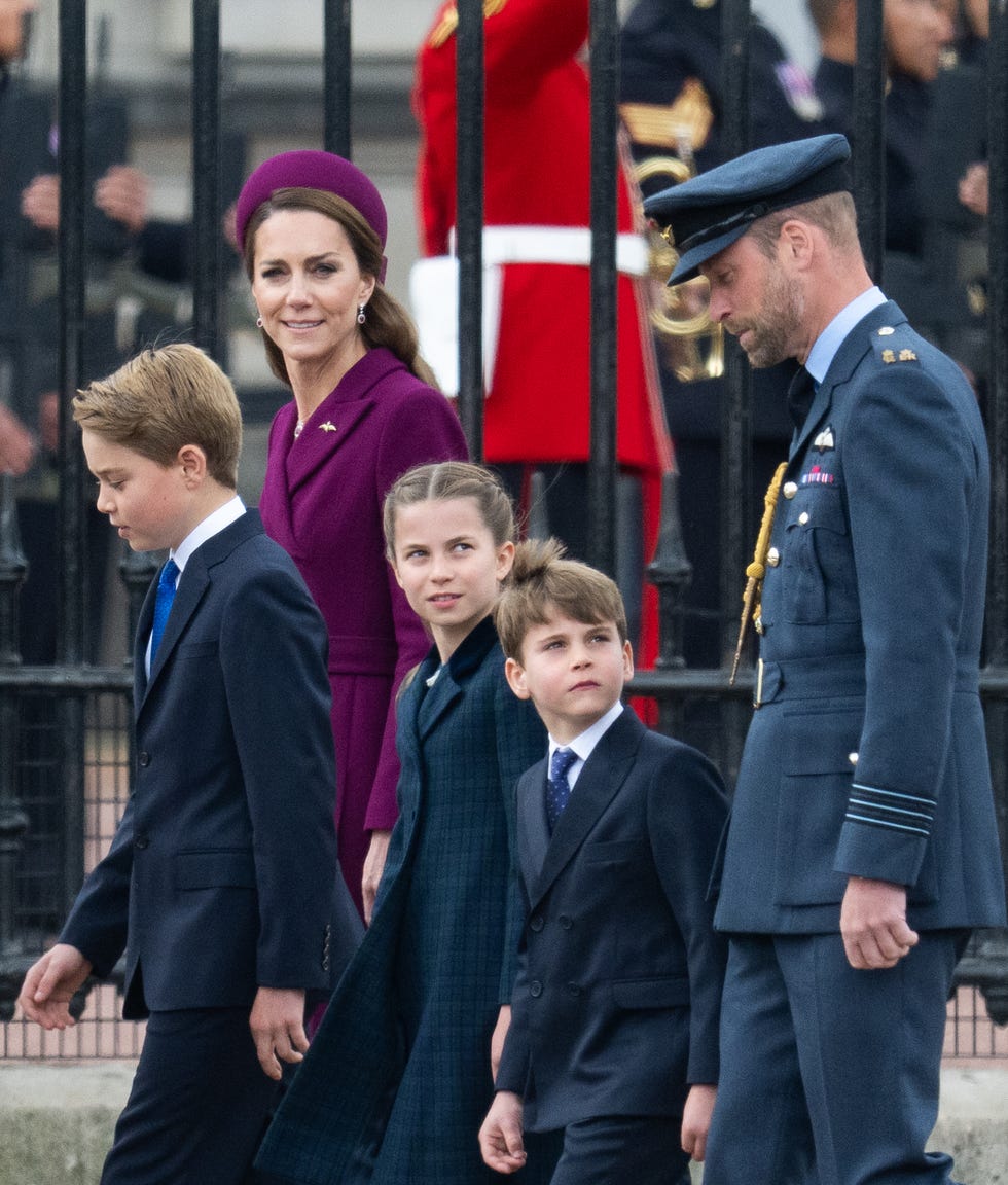 london, england may 05: catherine, princess of wales, prince george, princess charlotte, prince louis and prince william, prince of wales during the military procession to mark the 80th anniversary of ve day on may 05, 2025 in london, england. the king and queen, joined by members of the royal family, will take part in events from may 5th to may 8th to commemorate the 80th anniversary of ve day, which signalled the end of the second world war in europe. (photo by samir hussein/wireimage)