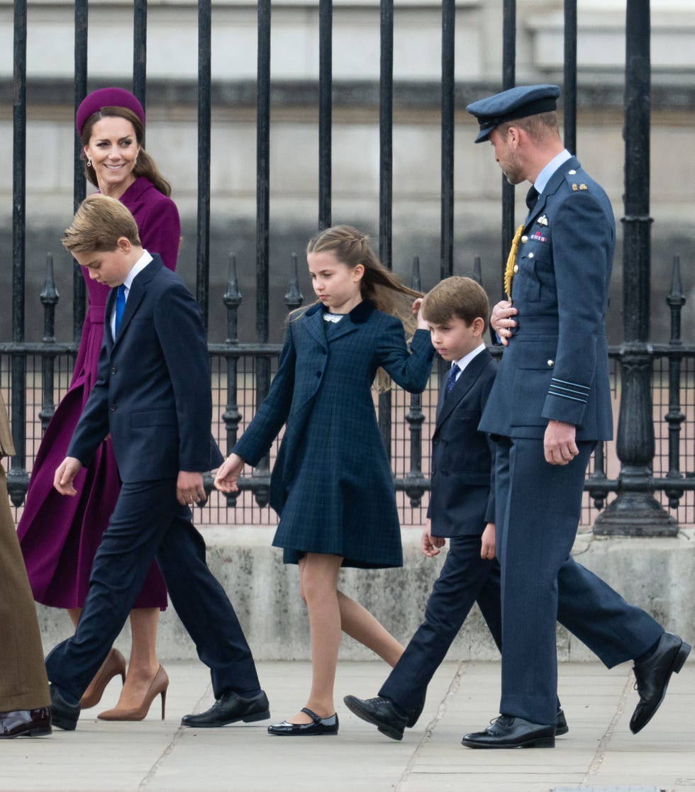 london, england may 05: catherine, princess of wales, prince george, princess charlotte, prince louis and prince william, prince of wales during the military procession to mark the 80th anniversary of ve day on may 05, 2025 in london, england. the king and queen, joined by members of the royal family, will take part in events from may 5th to may 8th to commemorate the 80th anniversary of ve day, which signalled the end of the second world war in europe. (photo by samir hussein/wireimage)