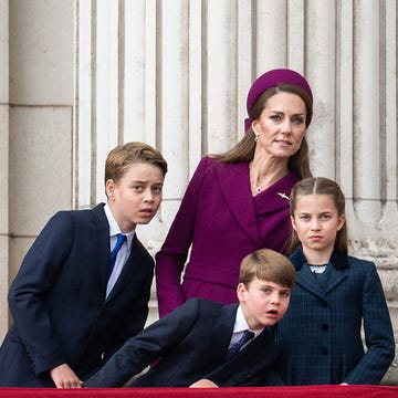 The Royal Family Watch Military Procession To Mark The 80th Anniversary Of VE Day london, england may 05: prince william, prince of wales, prince george, catherine, princess of wales, prince louis and princess charlotte watch the flypast to mark the 80th anniversary of ve day on may 05, 2025 in london, england. the king and queen, joined by members of the royal family, will take part in events from may 5th to may 8th to commemorate the 80th anniversary of ve day, which signalled the end of the second world war in europe. (photo by samir hussein/wireimage)