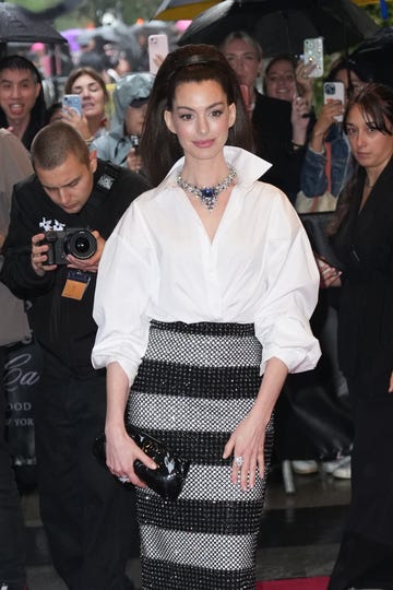 new york, new york may 05: anne hathaway leaves the carlyle hotel before the 2025 met gala: superfine: tailoring black style at the metropolitan museum of art on may 05, 2025 in new york city. (photo by john nacion/getty images)