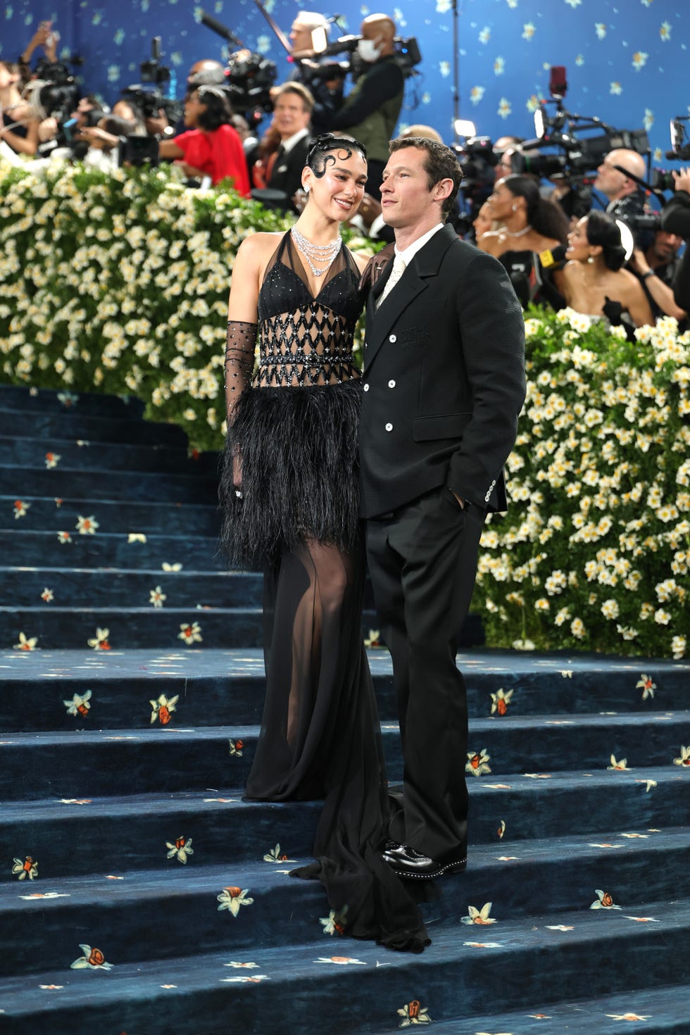 New York, New York, May 05: (LR) Dua Lipa and Callum Turner visit the 2025 Met Gala to celebrate Superfine: Adaptation to the black style in the Metropolitan Museum of Art on May 5, 2025 in New York City. (Photo by Dia Dipasupil/Getty Images)
