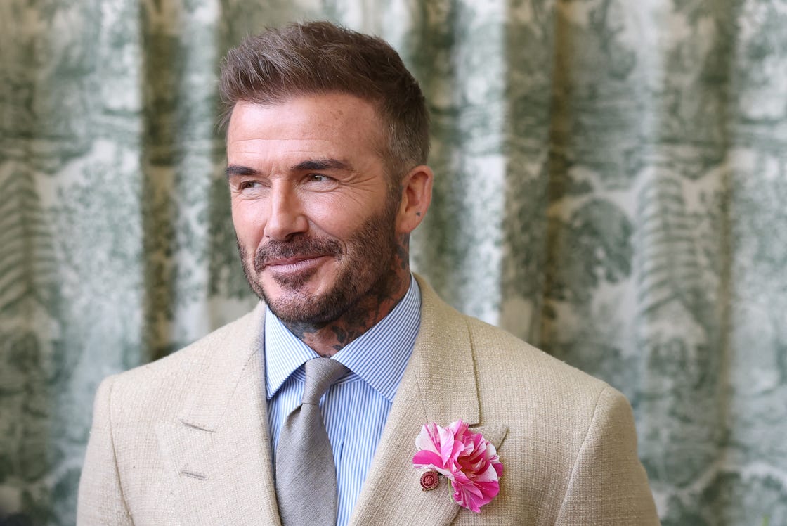 london, england may 20: david beckham wearing a david austin roses kings rose waits to meet the king during a visit to the rhs chelsea flower show at royal hospital chelsea on may 20, 2025 in london, england. (photo by toby melville wpa pool / getty images)