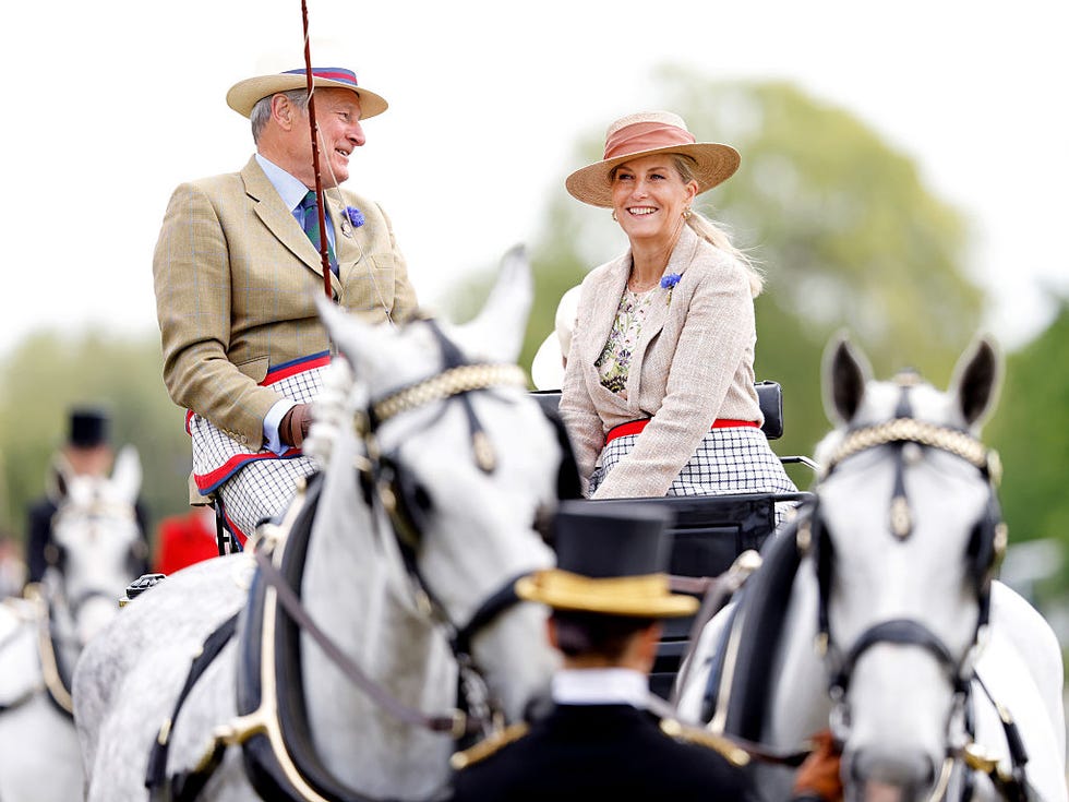 windsor, united kingdom may 18: (embargoed for publication in uk newspapers until 24 hours after create date and time) sophie, duchess of edinburgh, accompanied by crown equerry colonel toby browne, takes part in the pol roger meet of the british driving society carriage driving parade on day 4 of the royal windsor horse show in home park, windsor castle on may 18, 2025 in windsor, england. (photo by max mumby/indigo/getty images)